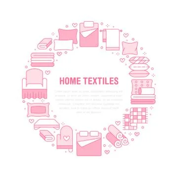 Home textiles circle template with flat line icons. Bedding, bedroom linen Stock Illustration