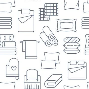 Home textiles seamless pattern with flat line icons. Bedding, bedroom linen Illustrazione stock