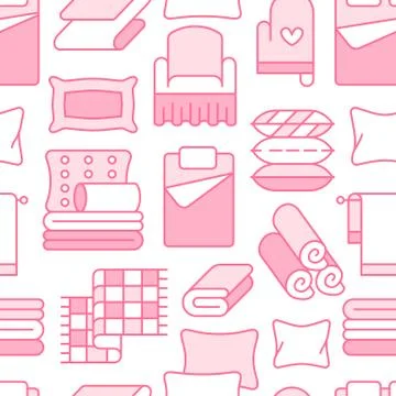 Home textiles seamless pattern with flat line icons. Bedding, bedroom linen Illustrazione stock
