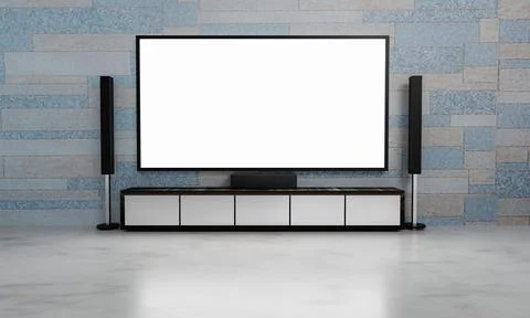 Home Theater on brick mable pattern wallpaper. Big wall screen TV and Audio.. Stock Illustration