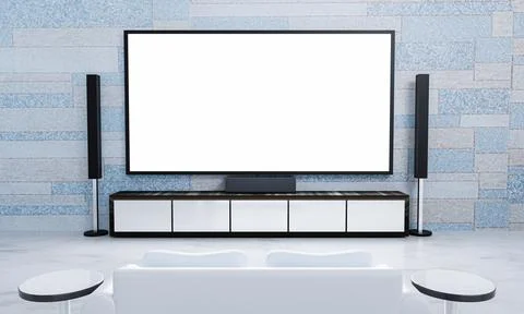 Home Theater brick marble pattern wallpaper without people. Screen TV and  Au Stock Illustration