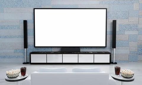 Home Theater brick marble pattern wallpaper without people. Screen TV and  Au Stock Illustration