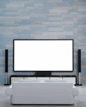 Home Theater brick marble pattern wallpaper without people. Screen TV and  Au Stock Illustration