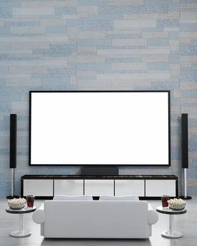 Home Theater brick marble pattern wallpaper without people. Screen TV and  Au Stock Illustration