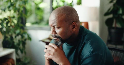 Home, thinking and black man worry with reflection, decision and sad with mental Stock Footage 323365112