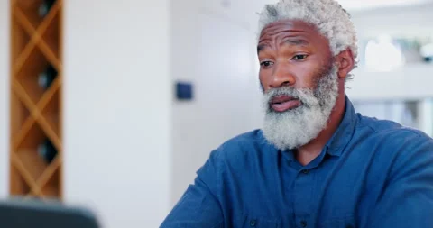 Home, thinking and old man with stress, laptop and planning with debt, mental Stock Footage 306545556