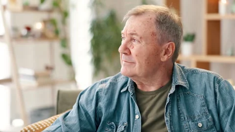 Home, thinking and remember with senior man, depression and memory with Stock Footage 262509941