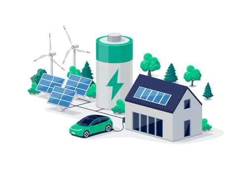 Home virtual battery energy storage with solar panels and electric car chargi Stock Illustration