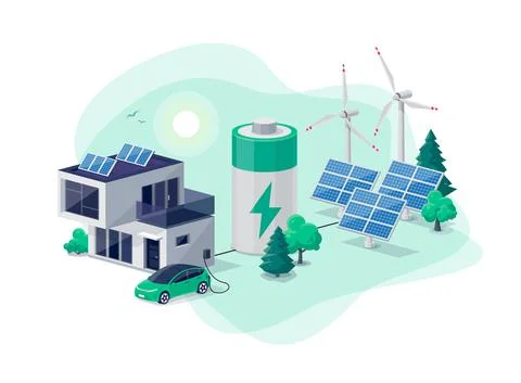Home virtual battery energy storage with solar panels and electric car chargi Stock Illustration