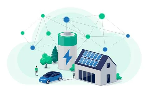 Home virtual cloud battery energy storage with solar panels and electric car  Stock Illustration