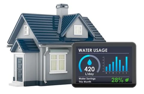Home water usage dashboard with smart meter display, 3d rendering Stock Illustration