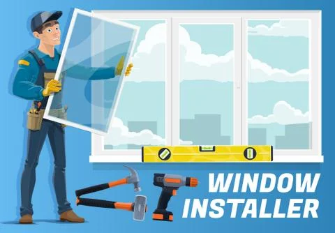 Home window installation service, installer worker Stock Illustration