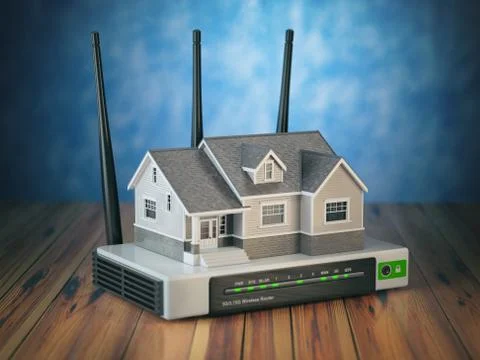 Home wireless network. House and wi-fi router on wooden table and blue backgr Ilustração Stock