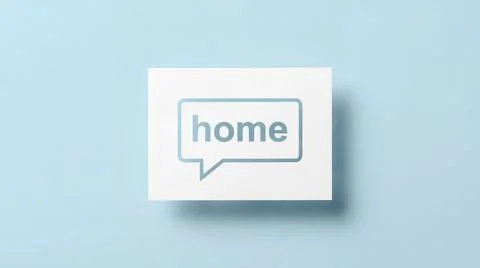 Home word in speech bubble on white paper with shadow over light blue backg.. Stock Illustration