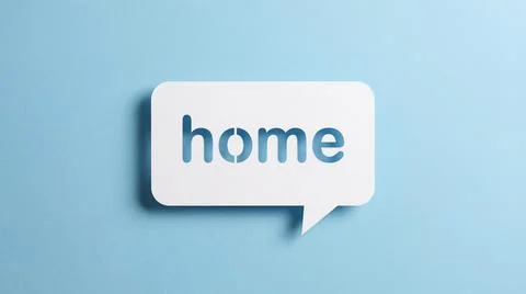 Home word in white speech bubble cutout on pastel blue background minimal c.. Stock Illustration
