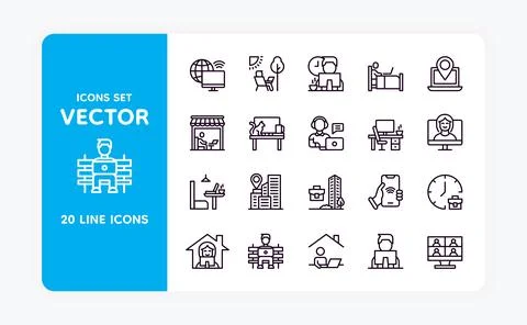 Home work icons. Computer on desk. Remote job. City location pin. Person worker Stock Illustration