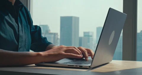 Home work man sitting table home office fingers typing keyboard programmer Stock Footage 275085906