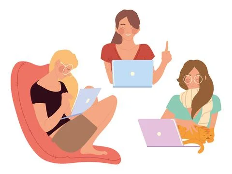Home working, female characters using laptop devices work Stock Illustration