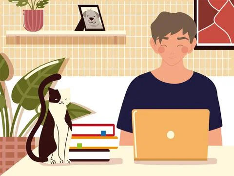 Home working, young man using laptop books and cat on desk Stock Illustration