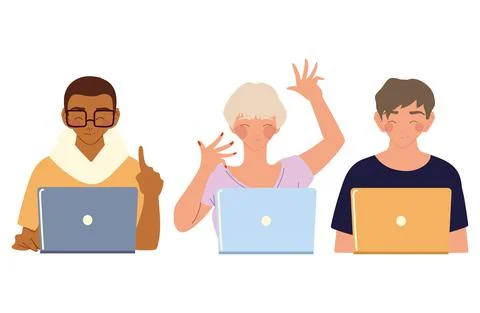 Home working, young people using laptop devices technology Stock Illustration