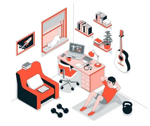 Home Workout - abs exercise. Crunch in work room Stock Illustration