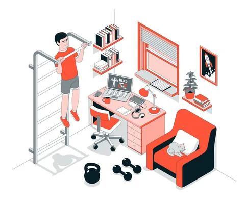 Home workout - chin ups on bar. Exercise at home in working room Stock Illustration