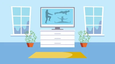 Home workout instruction on television screen, showing people exercising in.. 動画素材 339047117