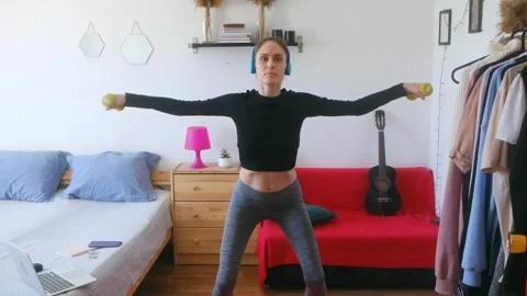 Home workout with music. Video stock 245581048