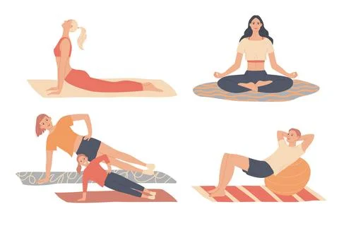Home workout. People doing exercises. Man, woman, family doing sports at home Stock Illustration