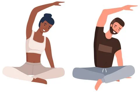Home workout. Young couple doing yoga isolated on white. Sports exercises and Ilustração Stock