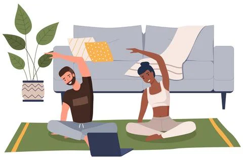 Home workout. Young couple doing yoga at home. Sports exercises and stretching Ilustração Stock