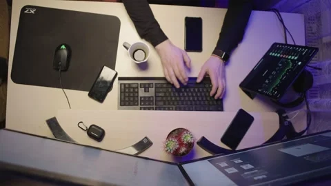 Home workplace with a computer, keyboard, tablet and a cup of coffee. Stock Footage 231430283