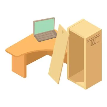 Home workplace icon isometric vector. Work desk with laptop and open wooden box Illustrazione stock