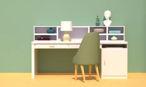 Home workplace interior with white table and mint colored wall. 3d rendering Illustrazione stock