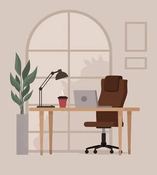 Home workplace. Loft office work space with big window and plant. Coworking Illustrazione stock
