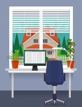 Home workplace at the window with desk, computer, desk lamp. Room plants in p Stock Illustration