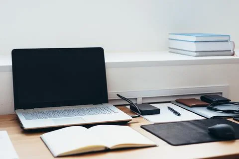Home workplace, worktable, workspace with no people Stock Photos