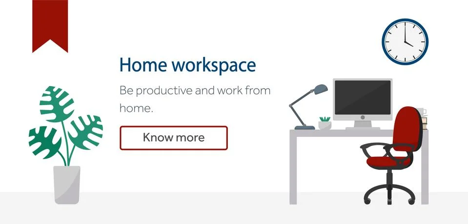 Home workspace interior with desktop computer, red office chair and green plant. Stock Illustration