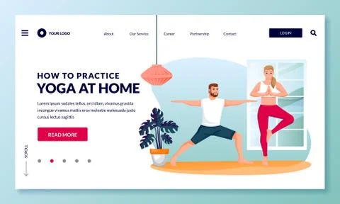 Home yoga exercise practice and meditation. Young happy couple doing yoga in Stock Illustration