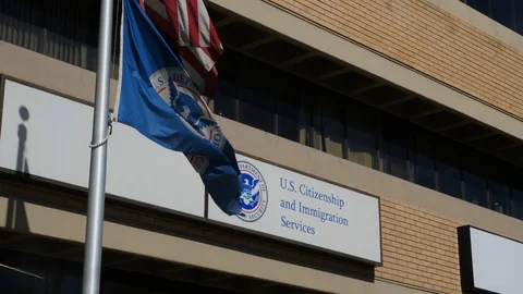 Homeland Security flag under the American flag Stock Footage 107058905