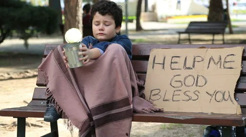 Homeless child begging in street Stock Footage