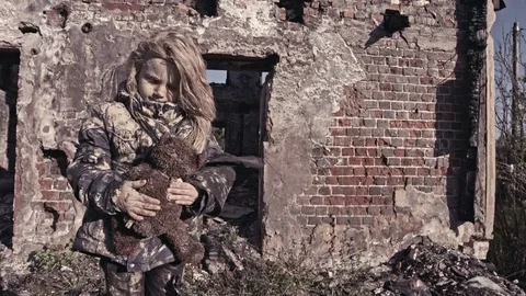 A homeless child on the ruins. Refugee. Stock Footage