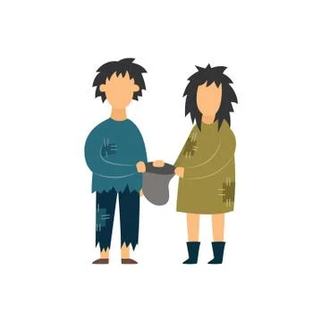 Homeless couple begging flat vector illustration isolated on white background. Stock Illustration
