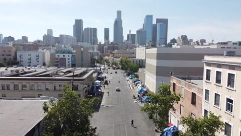 Homeless Encampment Aerial Drone Skid Row Homelessness Downtown Los Angeles CA Stock Footage 133623650