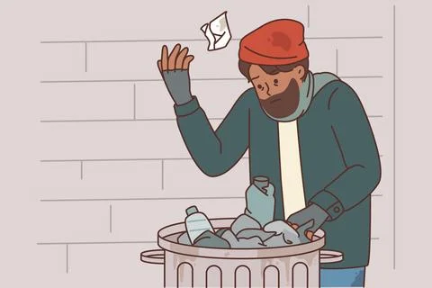 Homeless man digs through garbage to find food due to poverty and social Stock Illustration