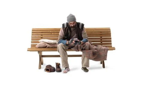 Homeless Man Sitting on Bench Using Smartphone on White Background Stock-Fotos