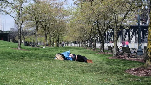 Homeless man sleeping under trees park city sleep waterfront Stock-Footage 171934707