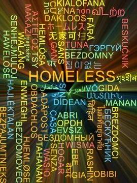 Homeless multilanguage wordcloud background concept glowing Stock Illustration