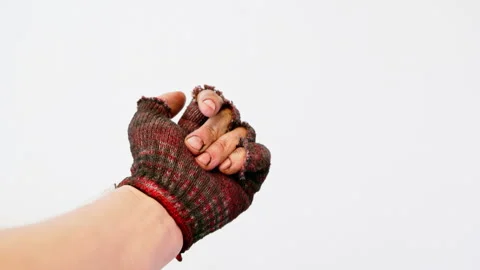 Homeless or poor human hand in fingerless glove making beckoning gesture Stock Footage 330300565