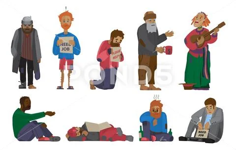 Homeless people characters cadger set unemployment men needing help bums and Stock Illustration